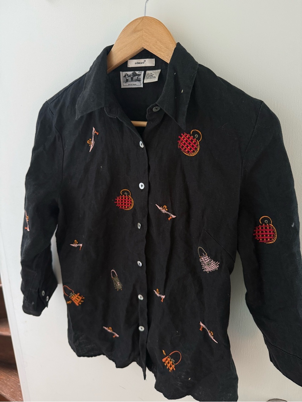 Vintage Edward black Irish linen button-up shirt  Size M